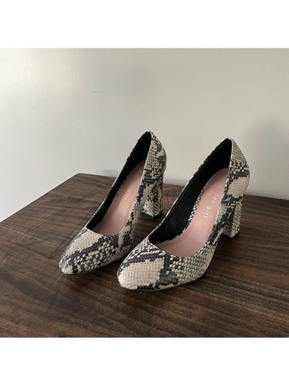 Madden Girl Buenos Snake Print Block Heel Pumps, Size 7.